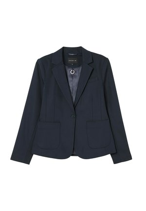 Navy blue single-button blazer with notched lapels, two front patch pockets, and smooth satin-like inner lining.