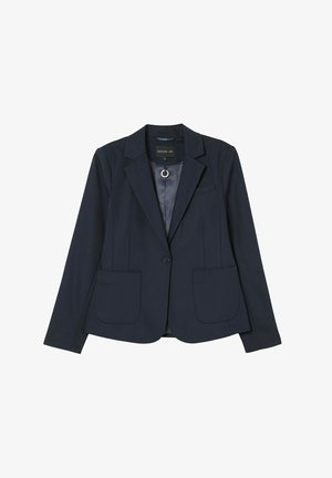 Navy blue single-button blazer with notched lapels, two front patch pockets, and smooth satin-like inner lining.