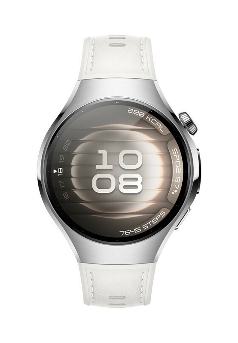 Smartwatch mit einem silbernen Metallgehäuse, weißem Lederarmband, rundem digitalen Display, das Uhrzeit, Schritte, Kalorien und Herzfrequenzdaten anzeigt.