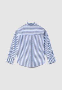 Blue and white striped long-sleeve shirt, featuring a pointed collar, single-button cuffs, and a pleat detail along the back.