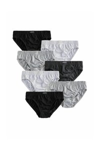 Set mit sieben Unterhosen, bestehend aus drei schwarzen, drei grauen und einem hellgrauen Paar. Hergestellt aus weichem Stoff mit elastischen Taillenbändern.