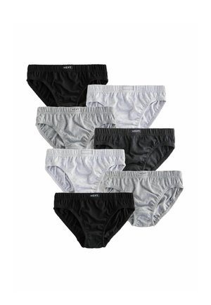 Set mit sieben Unterhosen, bestehend aus drei schwarzen, drei grauen und einem hellgrauen Paar. Hergestellt aus weichem Stoff mit elastischen Taillenbändern.