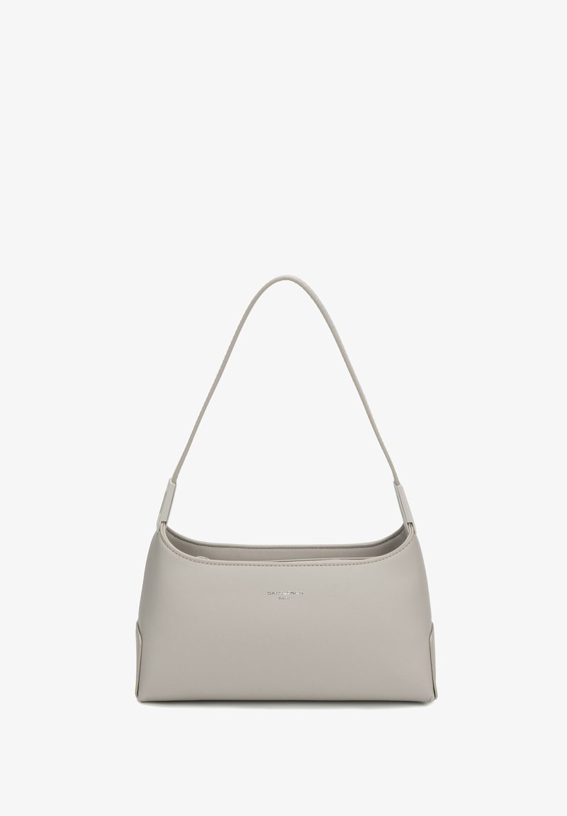 Sac à bandoulière en cuir beige avec une seule anse et un design minimaliste, avec un marquage en creux subtil au centre devant.