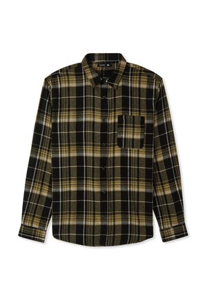 Camicia in flanella con motivo a quadretti in nero, giallo e grigio, dotata di taschino frontale, chiusura con bottoni e maniche lunghe.