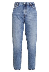 Blå högmidjade raka jeanstrosor med knapplås och dragkedja, fram- och bakfickor samt utvättade detaljer.