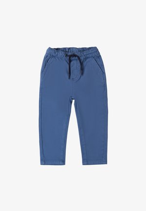 Blaue Baumwollhose mit einem elastischen Bund, Kordelzug-Detail und seitlichen Taschen; glatte Textur; gerade Passform.