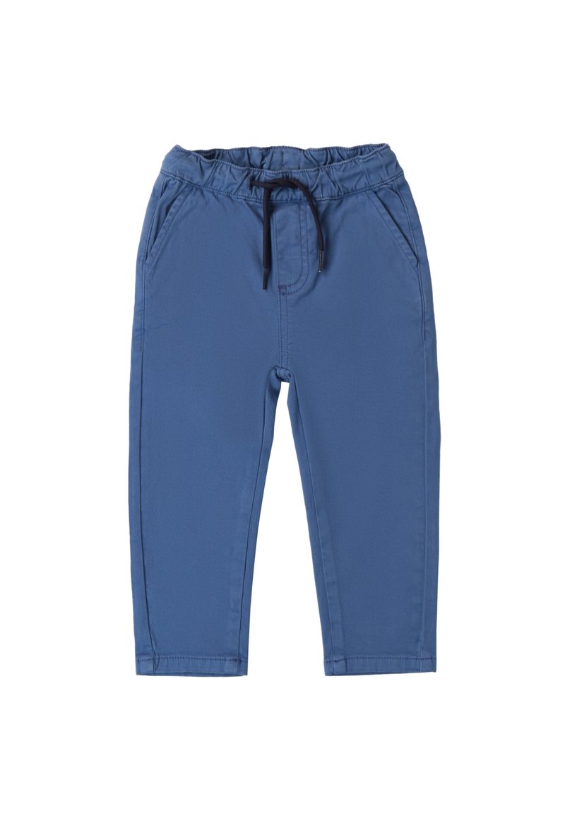 Pantaloni in cotone blu con vita elasticizzata, dettaglio con lacci e tasche laterali; texture liscia; design a gamba dritta.