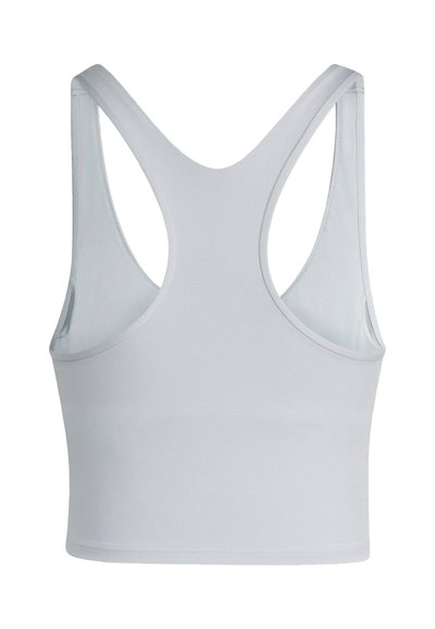 Vaaleanharmaa urheilujuostin, jossa on istuva malli, urheilutyyli, sileä pinta ja vahvistetut saumat. Ei näkyviä logoja tai koristuksia.