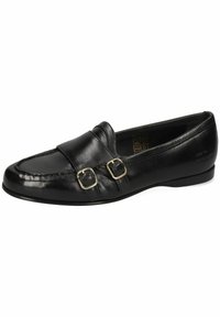 Mocassino in pelle nera con punta arrotondata, dotato di una fascia e due fibbie dorate. Texture liscia con una leggera lucentezza, suola a profilo basso.