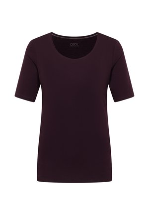 Kortärmad rundhalsad t-shirt i djup lila, tillverkad av mjukt tyg, med enkel sömnad och en slät yta utan mönster.
