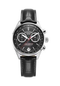 Reloj cronógrafo Roamer Gran Sportivo con esfera negra, caja plateada, taquímetro, ventana de fecha y correa de cuero negra.