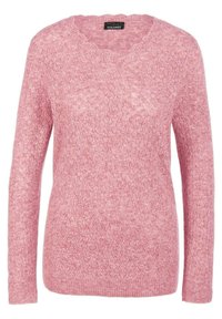 Rosa gestrickter Pullover mit weicher Textur, runder, gewellter Halslinie und langen Ärmeln. Besitzt ein zartes, offenes Muster über die gesamte Fläche.
