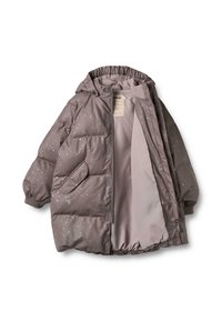 Giacca imbottita in grigio tenue con cappuccio, caratterizzata da un sottile motivo a stelle. Include una fodera interna e una tasca laterale. Chiusura con zip.