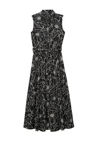 Robe sans manches noire avec un col, ornée d'un motif floral et de feuilles blanches, taille cintrée avec un lien, et une jupe fluide.
