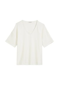 White V-neck t-shirt with short sleeves, made of soft fabric. Features a relaxed fit and a minimalist design, suitable for casual wear.