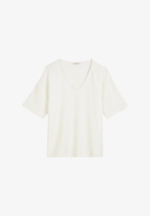 Witte V-hals t-shirt met korte mouwen, gemaakt van zachte stof. Heeft een relaxte pasvorm en een minimalistisch ontwerp, geschikt voor casual kleding.