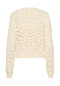 Gekürzter Pullover in Creme, mit einem strukturierten Strickmuster aus offenen Löchern, langen Ärmeln und einem runden Ausschnitt.