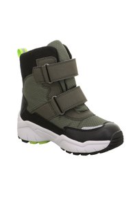 Grüne und schwarze High-Top-Sneaker mit Mesh- und glatten Texturen, ausgestattet mit zwei verstellbaren Klettverschlüssen und einer weißen Sohle mit einem grünen Akzent.