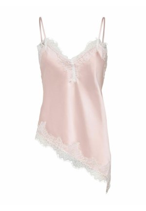 Jasnoróżowa satynowa koszulka na ramiączkach z białą koronkową lamówką, cienkimi regulowanymi ramiączkami i asymetrycznym dołem.