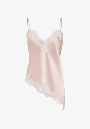 Jasnoróżowa satynowa koszulka na ramiączkach z białą koronkową lamówką, cienkimi regulowanymi ramiączkami i asymetrycznym dołem.