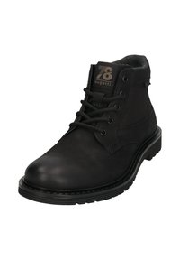 Schwarze Lederstiefeletten mit einem strukturierten Stoffeinsatz, Schnürverschluss und strapazierfähiger Gummisohle. Mit einem Logo auf der Lasche.