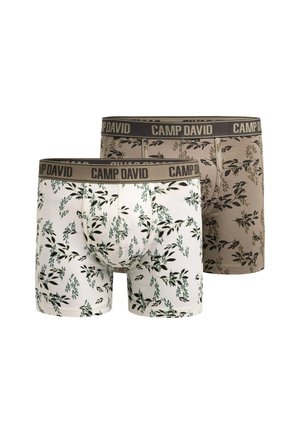 Muscular man with short brown hair wearing white boxer briefs with black leaf patterns and a beige waistband labeled "CAMP DAVID."
