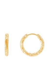Orecchini a cerchio in oro con una texture martellata, dotati di una piccola chiusura a cerniera. Forma circolare con bordo liscio e arrotondato.