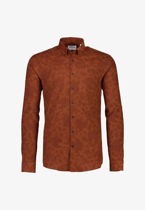 Brown long-sleeve shirt featuring a paisley pattern, button-up front, and a classic collar. Textured fabric with dark buttons.