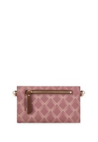 Rectangular mauve wallet with beige crisscross pattern, front zipper pocket with brown leather pull tab, and gold-tone hardware details.