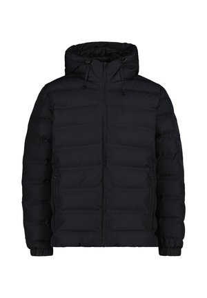 Schwarze gesteppte Jacke mit Kapuze, Vorderreißverschluss, Seitentaschen mit Knöpfen und elastischen Bündchen für kaltes Wetter.