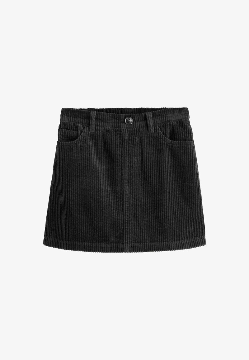 Black corduroy mini skirt with front button, belt loops, and two front pockets, displayed on a white background.