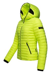 Neon yellow puffer jacket with black accents, zippered pockets, and a hood. Textured quilted design with ribbed cuffs. Brand logo displayed.