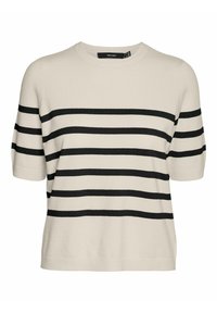 Pruhovaný pletený top s béžovými a černými vodorovnými pruhy, kulatým výstřihem a krátkými rukávy. Měkká textur a volný střih.
