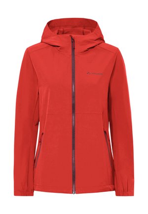 Rode outdoorjas met capuchon, voorrits, twee zijzakken met rits, elastische manchetten en een klein logo op de borst.