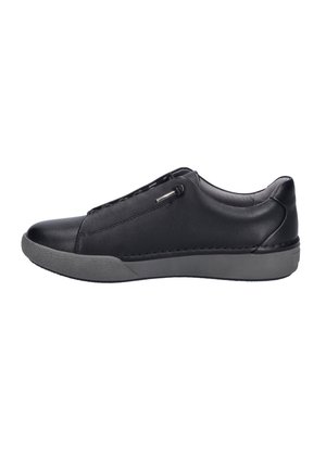 Schwarze Leder-Sneaker mit abgerundetem Zehenbereich, grauer Gummisohle, elastischen Schnürsenkeln und glatter Oberfläche. Minimalistisches Design mit dezenten Akzenten.