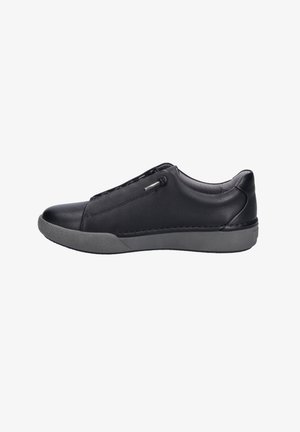 Schwarze Leder-Sneaker mit abgerundetem Zehenbereich, grauer Gummisohle, elastischen Schnürsenkeln und glatter Oberfläche. Minimalistisches Design mit dezenten Akzenten.