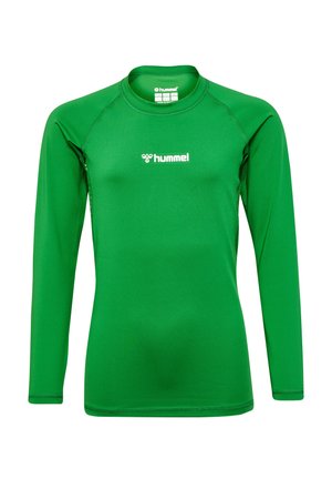 Grünes Langarmshirt aus dehnbarem Stoff. Mit Rundhalsausschnitt, flachen Nähten und einem weißen Logo auf der Brust.