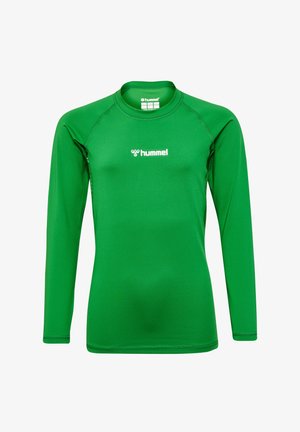 Groene longsleeve met een stretchy stof. Heeft een ronde hals, platte naden en een wit logo op de borst.