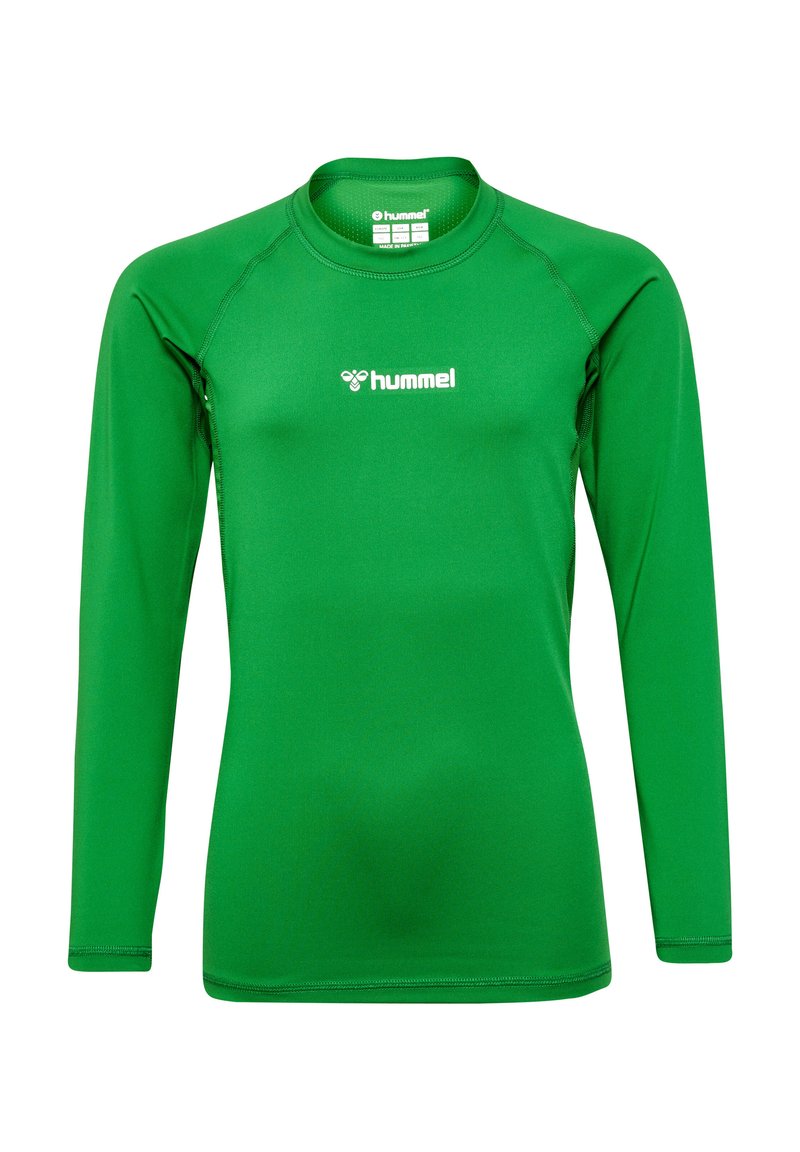 Grünes Langarmshirt aus dehnbarem Stoff. Mit Rundhalsausschnitt, flachen Nähten und einem weißen Logo auf der Brust.