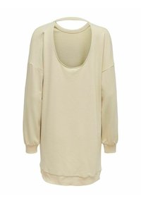 Sweatshirt de manga longa em tom creme, feito de tecido suave, com um decote arredondado e design de costas abertas. As mangas e a bainha têm textura canelada.