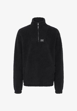 Fekete polár pulóver magas gallérral, félig cipzárral elöl, elasztikus mandzsettákkal és négyzet alakú logó címkével a mellkason. Texturált, puha anyag.