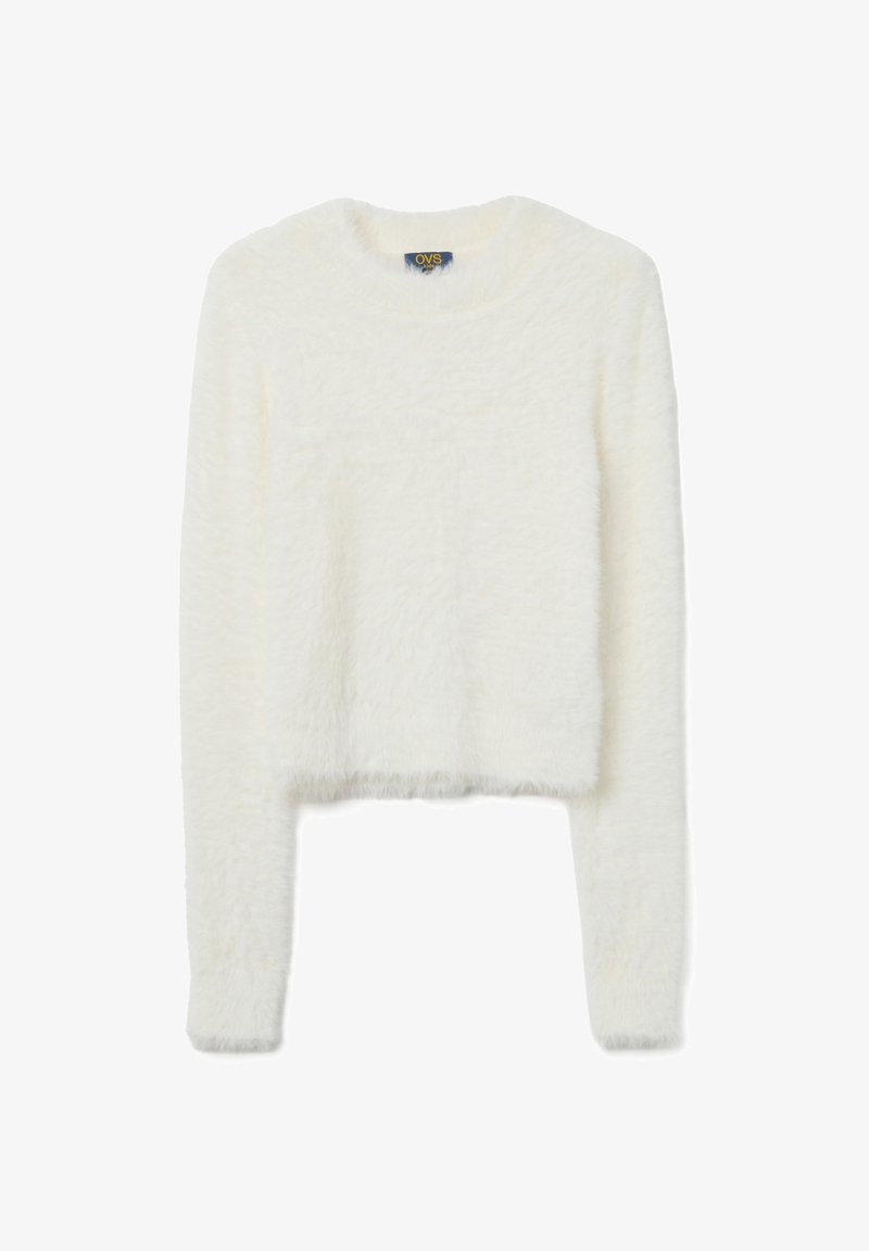 Maglione bianco, corto, realizzato in materiale morbido e peloso, con maniche lunghe e scollatura rotonda. Presenta una consistenza soffice e un leggero bordo a coste.