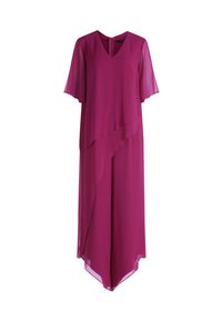 Robe violette avec des manches courtes flottantes, décolleté en V, ourlet asymétrique superposé et tissu léger avec une texture lisse. Dispose d'une fermeture à l'arrière.