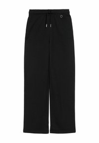 Czarne szerokie spodnie wykonane z miękkiego materiału, z regulowanym paskiem w talii i subtelnymi akcentami po bokach. Gładka tekstura na całej powierzchni.