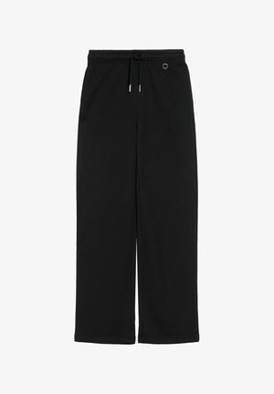 Czarne szerokie spodnie wykonane z miękkiego materiału, z regulowanym paskiem w talii i subtelnymi akcentami po bokach. Gładka tekstura na całej powierzchni.