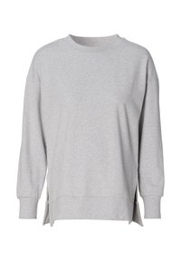 Grauer Pullover aus weichem Baumwollstoff. Verfügt über einen Rundhalsausschnitt, lange Ärmel und seitliche Schlitze für zusätzlichen Komfort. Einfaches, lässiges Design.