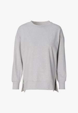 Grauer Pullover aus weichem Baumwollstoff. Verfügt über einen Rundhalsausschnitt, lange Ärmel und seitliche Schlitze für zusätzlichen Komfort. Einfaches, lässiges Design.