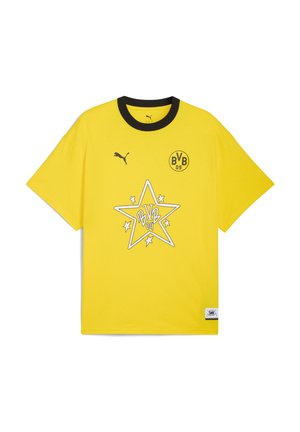 Yellow cotton t-shirt with black collar, featuring a star graphic and 'BVB 09' logo. Short sleeves, relaxed fit, textured fabric.