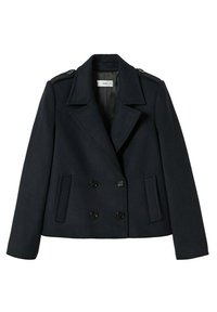 Cappotto della marina con design doppiopetto, grandi bottoni neri, rever strutturati e tasche laterali, realizzato in un mix di lana texturizzata.