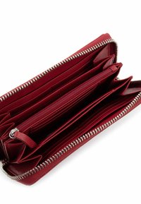 Red leather wallet with textured surface, zip-around closure, multiple card slots, and a central zippered compartment for coins.